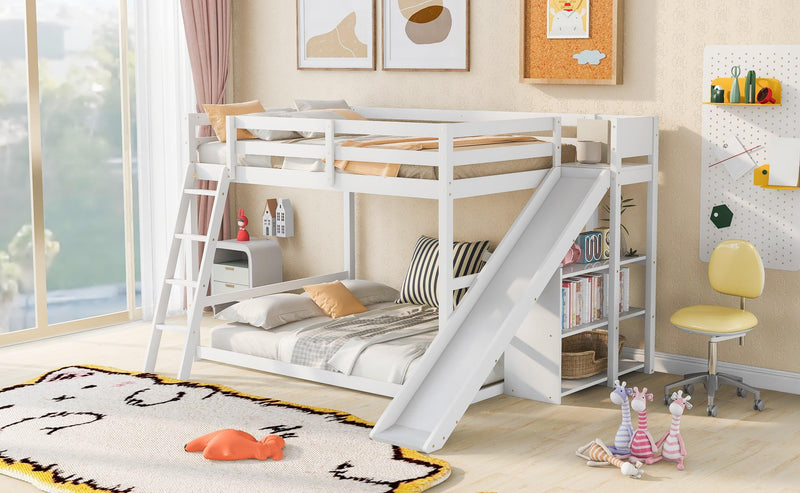 Full over Full Low Bunk Bed with Ladder, Slide and Shelves - White