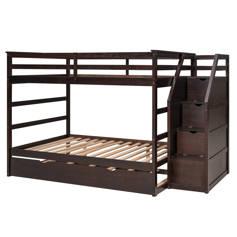 Full over Full Bunk Bed withStorage Staircase and Twin Size Trundle Bed - Espresso