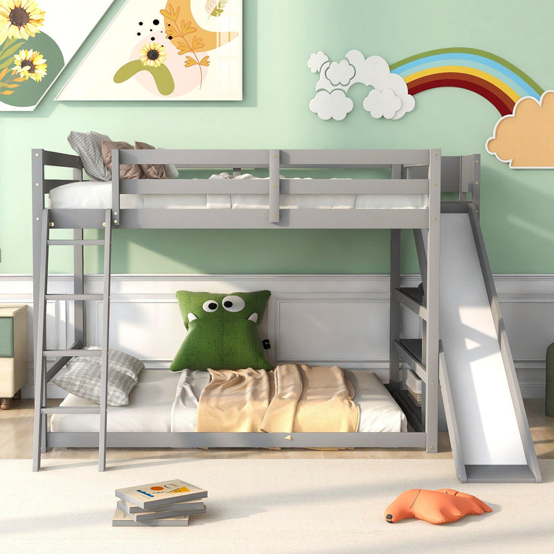 Full over Full Low Bunk Bed with Ladder, Slide and Shelves - Gray - Urban Living Furniture (Los Angeles, CA)