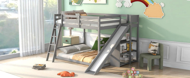 Full over Full Low Bunk Bed with Ladder, Slide and Shelves - Gray - Urban Living Furniture (Los Angeles, CA)