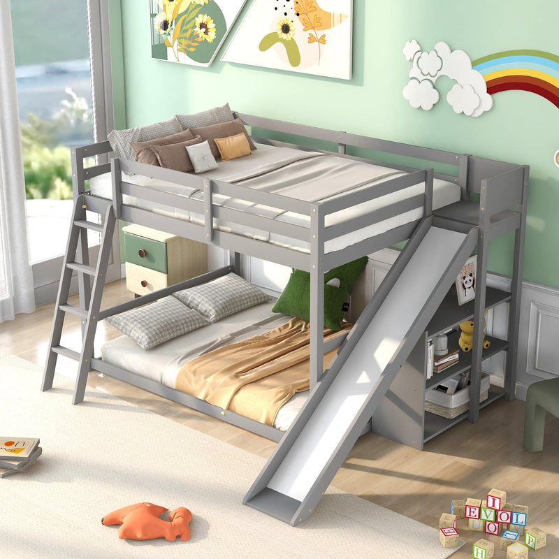 Full over Full Low Bunk Bed with Ladder, Slide and Shelves - Gray