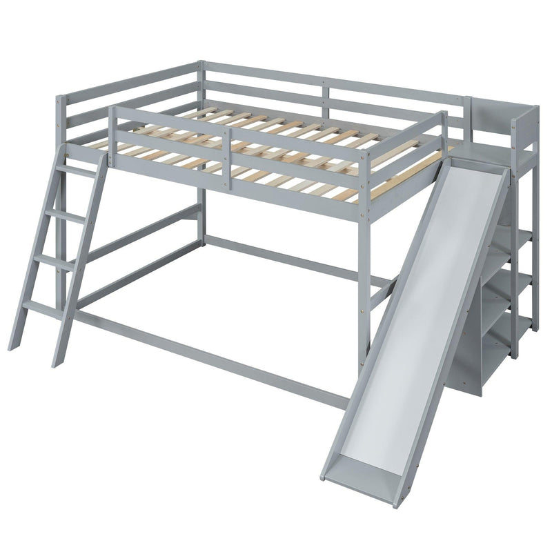 Full over Full Low Bunk Bed with Ladder, Slide and Shelves - Gray - Urban Living Furniture (Los Angeles, CA)