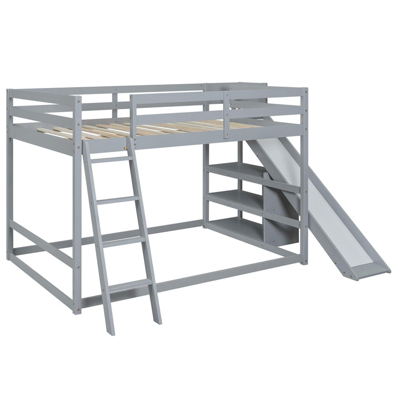 Full over Full Low Bunk Bed with Ladder, Slide and Shelves - Gray - Urban Living Furniture (Los Angeles, CA)