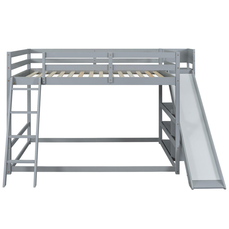 Full over Full Low Bunk Bed with Ladder, Slide and Shelves - Gray