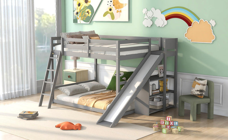 Full over Full Low Bunk Bed with Ladder, Slide and Shelves - Gray - Urban Living Furniture (Los Angeles, CA)