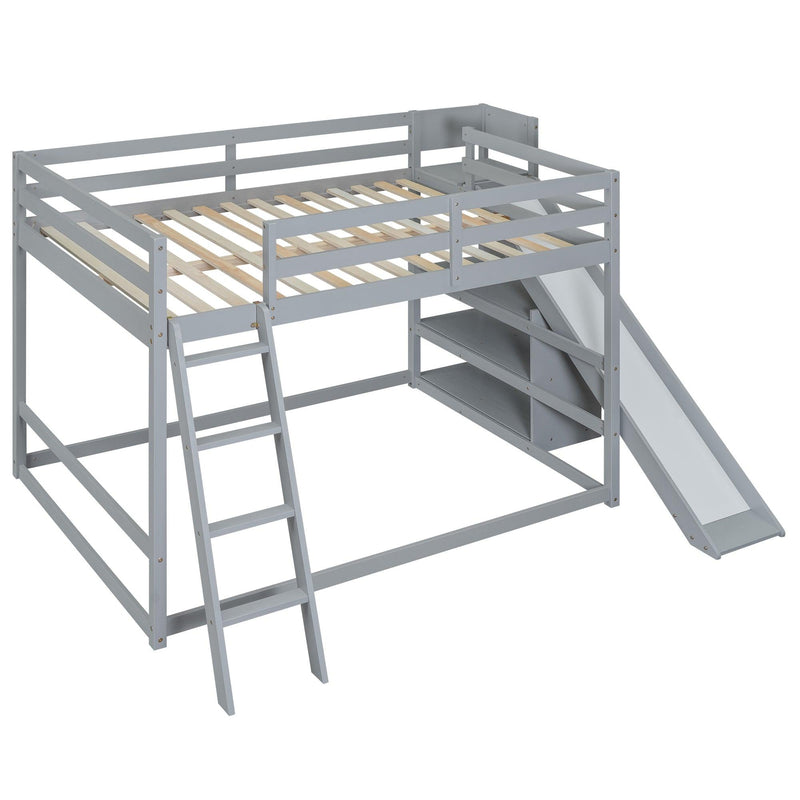 Full over Full Low Bunk Bed with Ladder, Slide and Shelves - Gray - Urban Living Furniture (Los Angeles, CA)