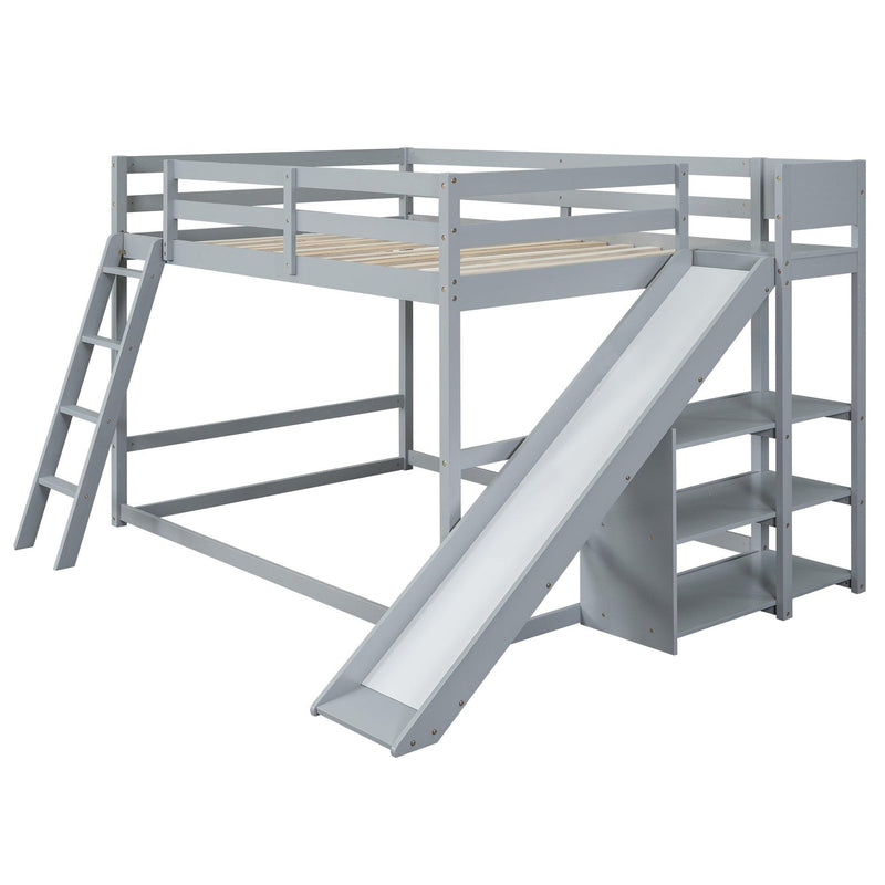 Full over Full Low Bunk Bed with Ladder, Slide and Shelves - Gray - Urban Living Furniture (Los Angeles, CA)