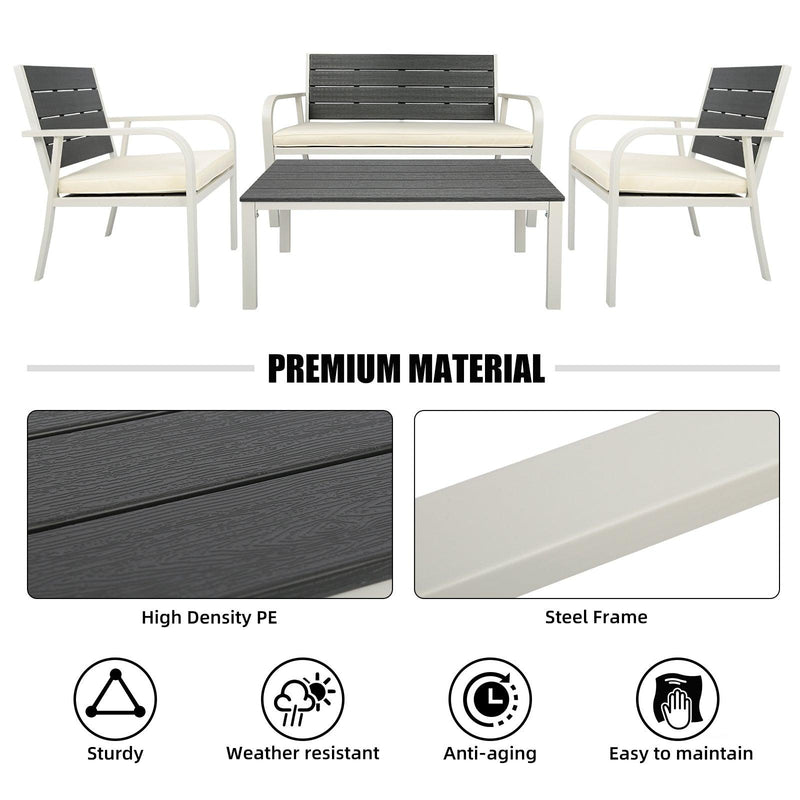 4 PCS Outdoor Patio Conversation Wood Grain Design PE Steel Frame Seating Set - White
