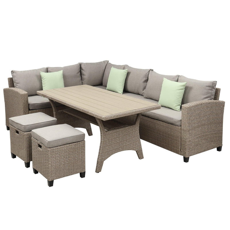 5 PCS Outdoor Rattan Furniture Set, Dining Table with Sofas, Ottoman, Beige Cushions and Throw Pillows