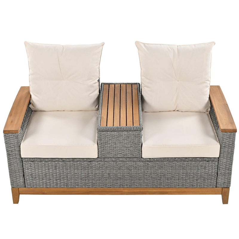 Outdoor Adjustable Rattan Loveseat withStorage Armrest with Beige Cushions