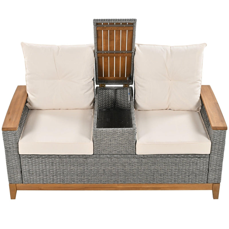 Outdoor Adjustable Rattan Loveseat withStorage Armrest with Beige Cushions