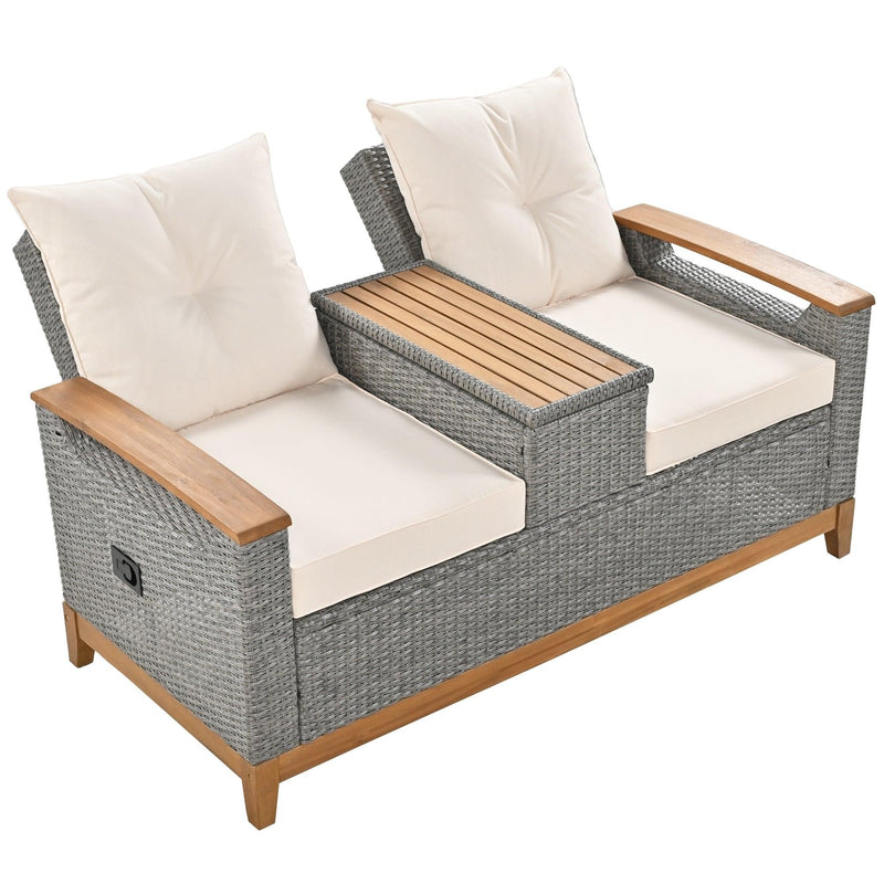 Outdoor Adjustable Rattan Loveseat withStorage Armrest with Beige Cushions - Urban Living Furniture (Los Angeles, CA)