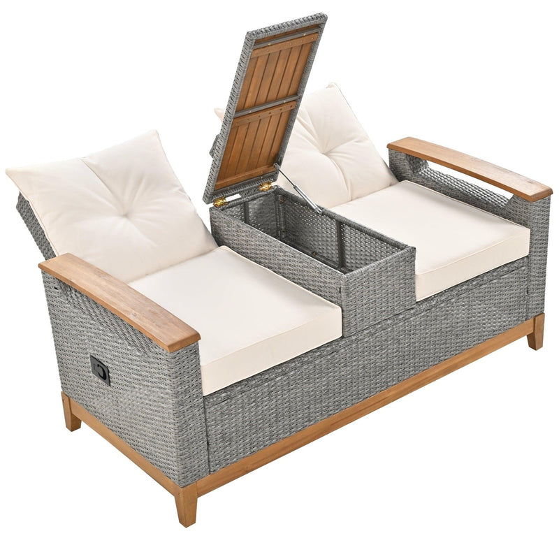 Outdoor Adjustable Rattan Loveseat withStorage Armrest with Beige Cushions