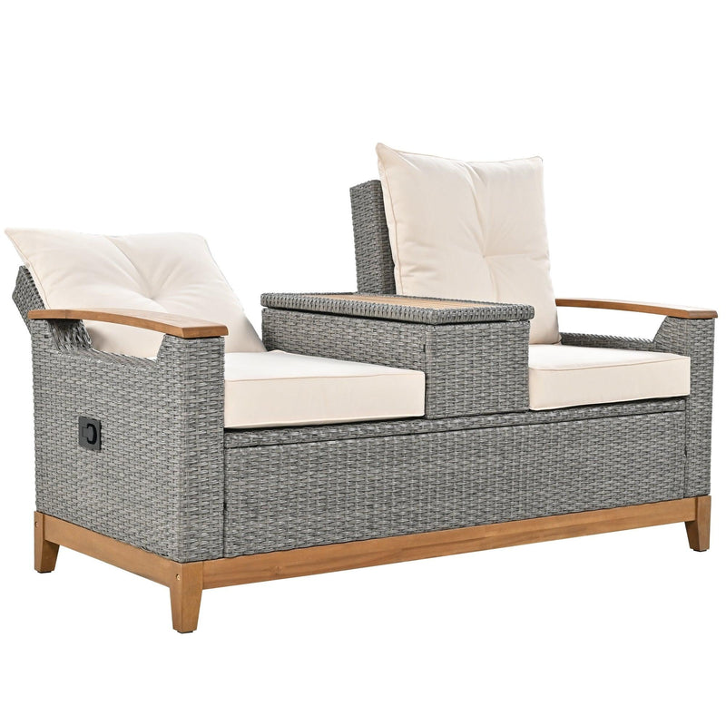 Outdoor Adjustable Rattan Loveseat withStorage Armrest with Beige Cushions - Urban Living Furniture (Los Angeles, CA)