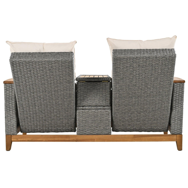 Outdoor Adjustable Rattan Loveseat withStorage Armrest with Beige Cushions - Urban Living Furniture (Los Angeles, CA)