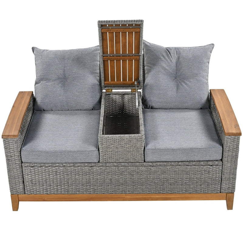 Outdoor Adjustable Rattan Loveseat withStorage Armrest with Gray Cushions