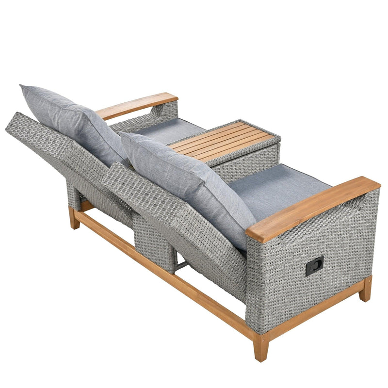 Outdoor Adjustable Rattan Loveseat withStorage Armrest with Gray Cushions
