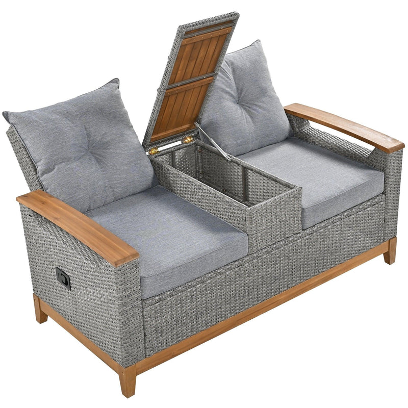 Outdoor Adjustable Rattan Loveseat withStorage Armrest with Gray Cushions - Urban Living Furniture (Los Angeles, CA)