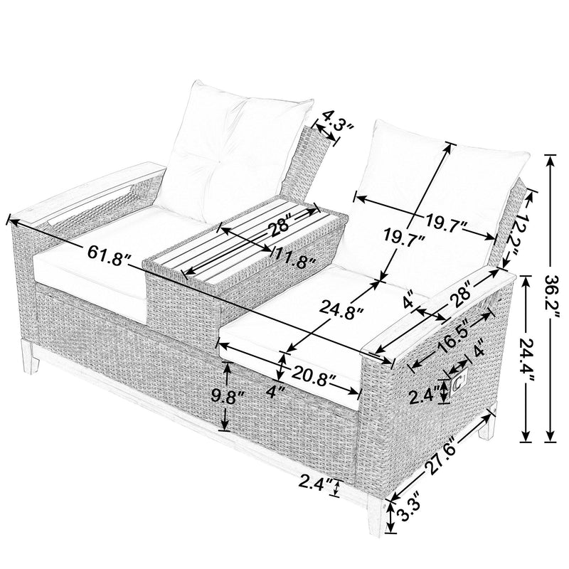 Outdoor Adjustable Rattan Loveseat withStorage Armrest with Gray Cushions - Urban Living Furniture (Los Angeles, CA)