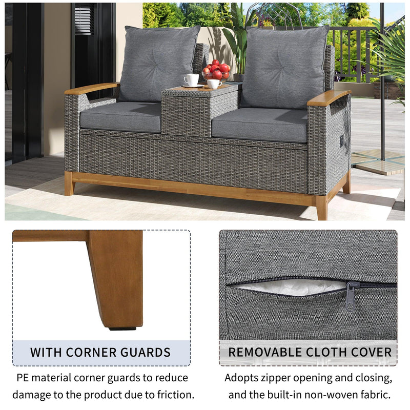 Outdoor Adjustable Rattan Loveseat withStorage Armrest with Gray Cushions - Urban Living Furniture (Los Angeles, CA)