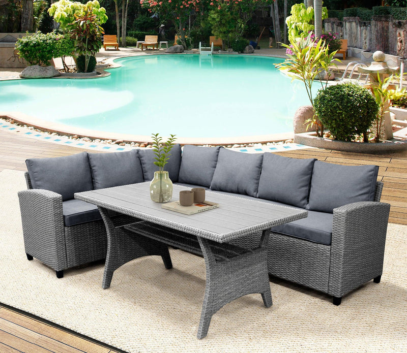 Outdoor Patio Furniture PE Rattan Wicker  Sectional Sofa Set with Table and Gray Cushions