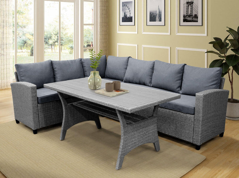 Outdoor Patio Furniture PE Rattan Wicker  Sectional Sofa Set with Table and Gray Cushions