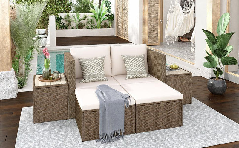 6 PCS Outdoor Garden PE Wicker Rattan Sectional Sofa Set with 2 Tea Tables and Beige Cushion - Urban Living Furniture (Los Angeles, CA)