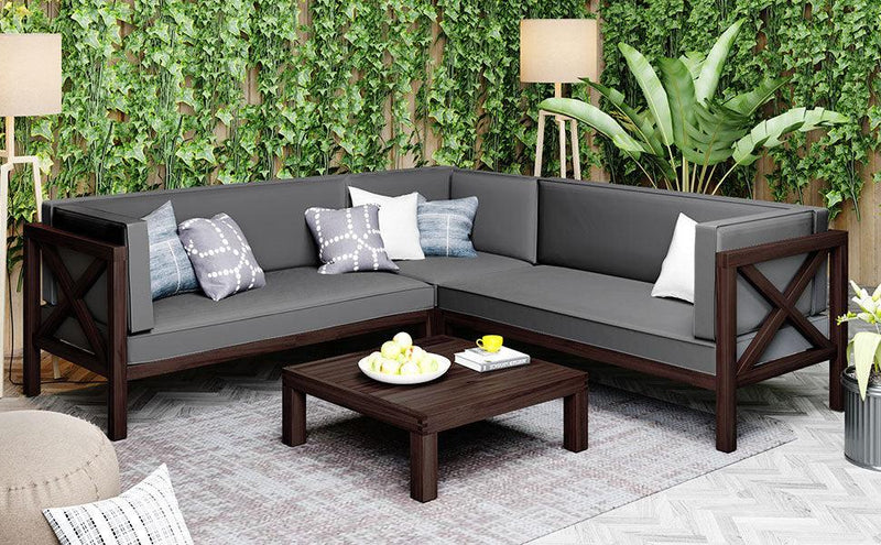 4 PCS Outdoor Patio Backyard Wood Seating Group with X-Back Sectional, Tea Table, and Gray Cushions