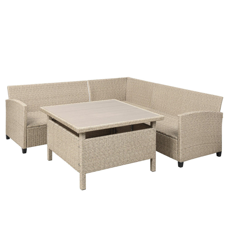 6 PCS Patio Furniture Set Outdoor Wicker Rattan Sectional Sofa with Table and Benches for Backyard, Garden, Poolside