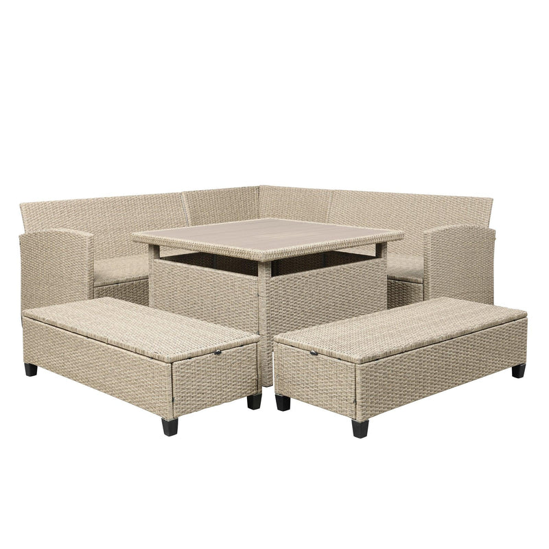 6 PCS Patio Furniture Set Outdoor Wicker Rattan Sectional Sofa with Table and Benches for Backyard, Garden, Poolside