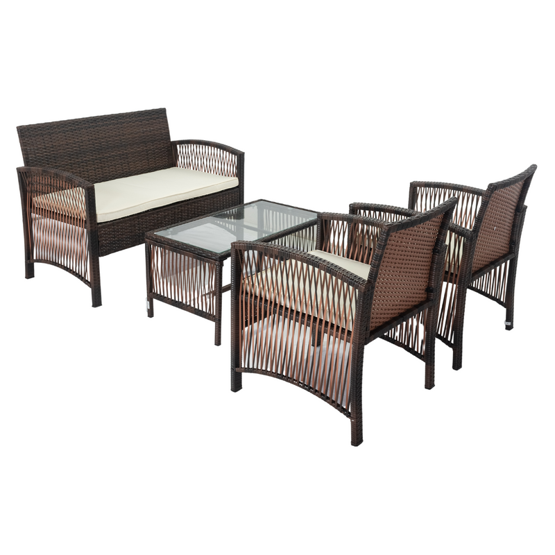 4 PCS Outdoor Patio Furniture Ratten Wicker Seating Group with Loveseat, Two Chairs, and Glass Tabletop Coffee Table