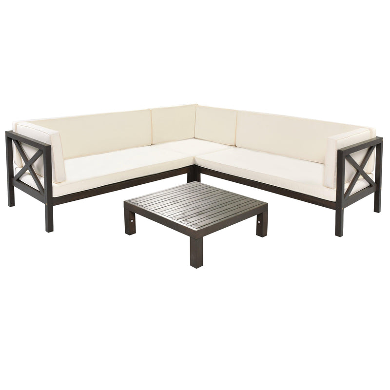 4 PCS Outdoor Patio Backyard Wood Seating Group with X-Back Sectional, Tea Table, and Beige Cushions