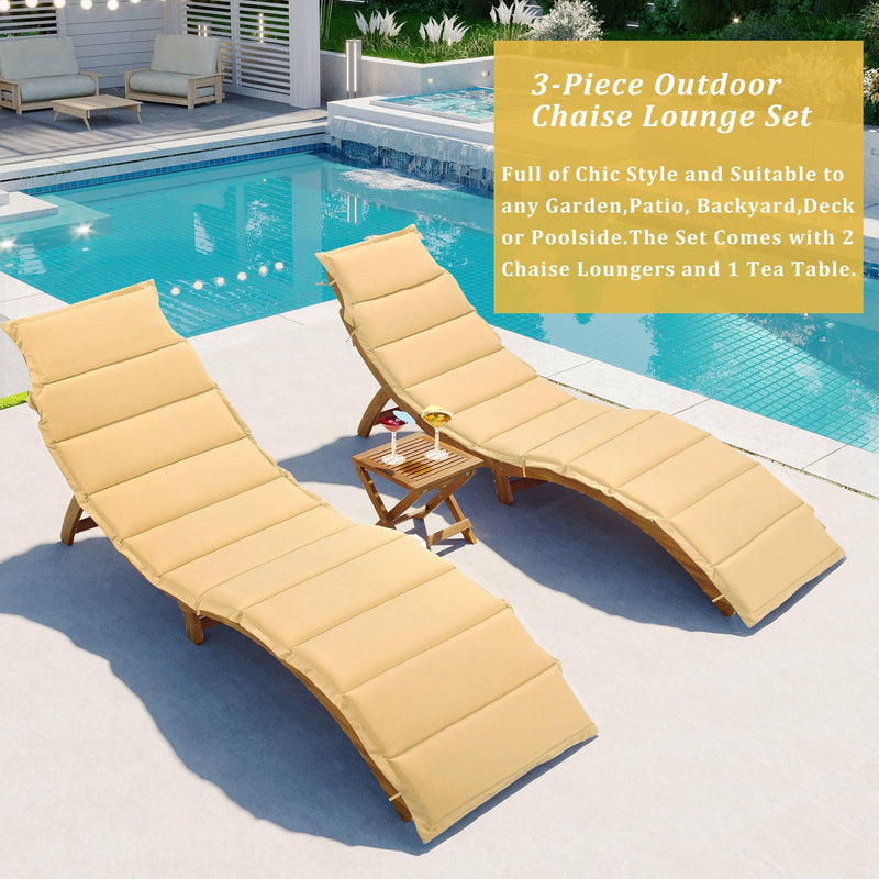 Outdoor Patio Wood Portable Extended Chaise Lounge Set with Foldable Tea Table and Brown Cushions