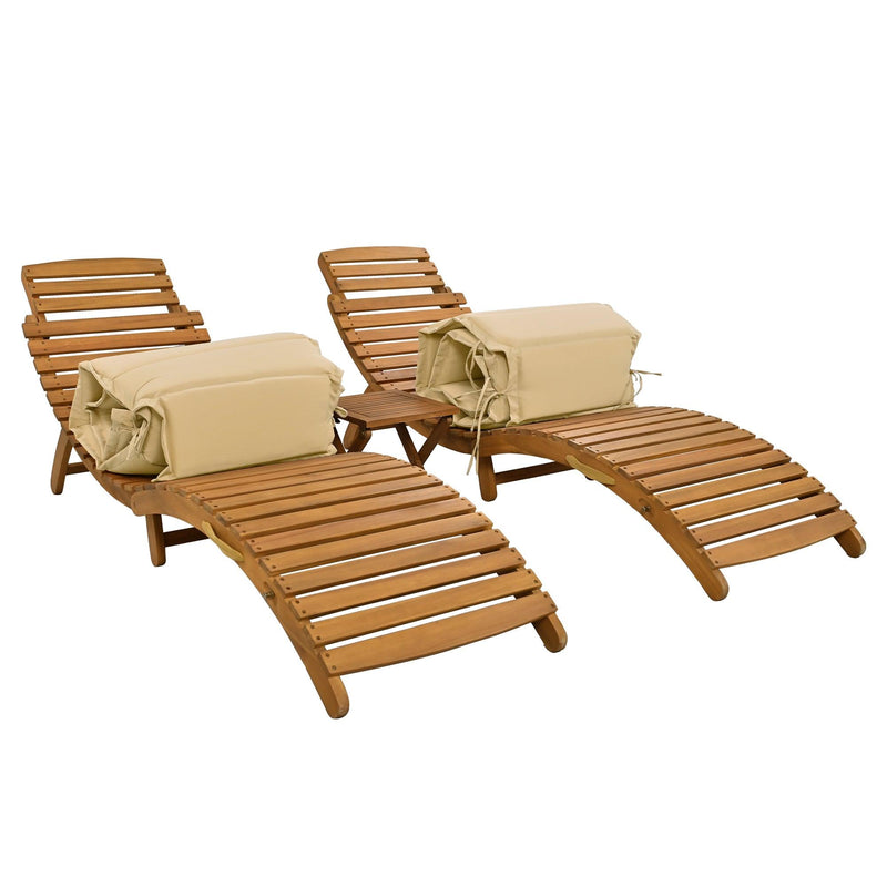 Outdoor Patio Wood Portable Extended Chaise Lounge Set with Foldable Tea Table and Brown Cushions