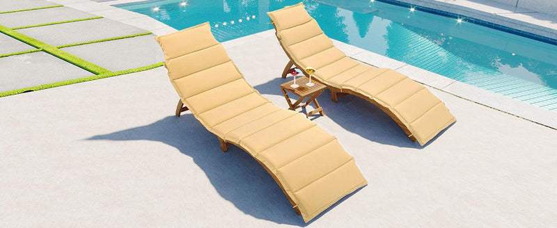 Outdoor Patio Wood Portable Extended Chaise Lounge Set with Foldable Tea Table and Brown Cushions