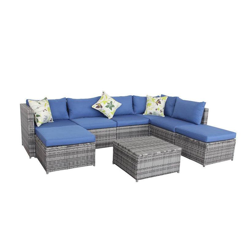 Outdoor Sectional Wicker Rattan Sofa Set with Blue Cushions