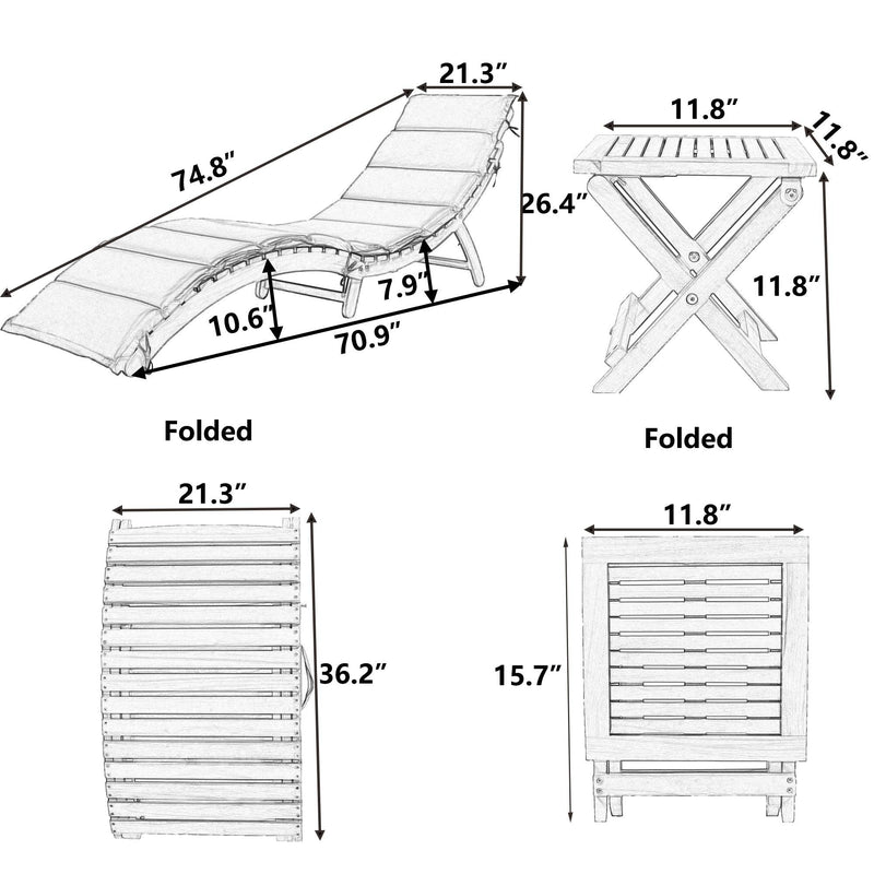 Outdoor Patio Wood Portable Extended Chaise Lounge Set with Foldable Tea Table and Brown Cushions - Urban Living Furniture (Los Angeles, CA)