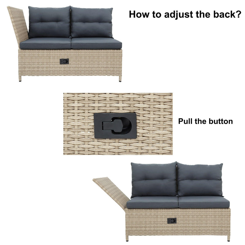 4 PCS Outdoor Patio All Weather PE Wicker Rattan Lsectional - Beige Rattan and Gray Cushions