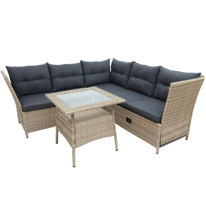 4 PCS Outdoor Patio All Weather PE Wicker Rattan Lsectional - Beige Rattan and Gray Cushions