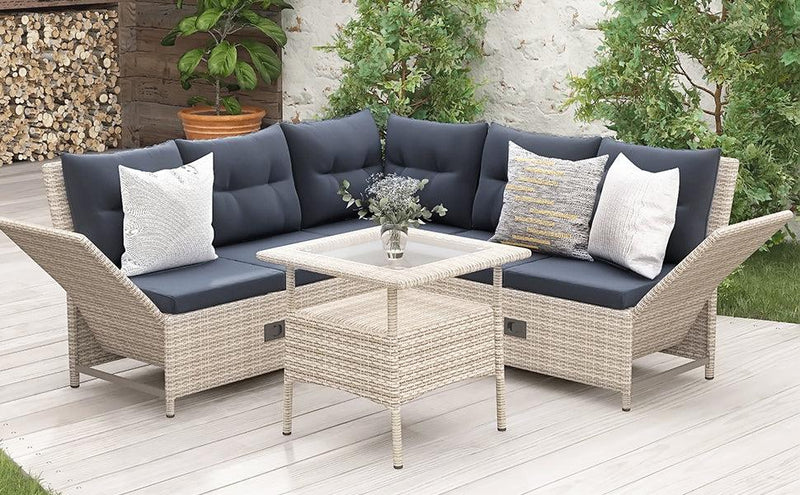 4 PCS Outdoor Patio All Weather PE Wicker Rattan Lsectional - Beige Rattan and Gray Cushions - Urban Living Furniture (Los Angeles, CA)