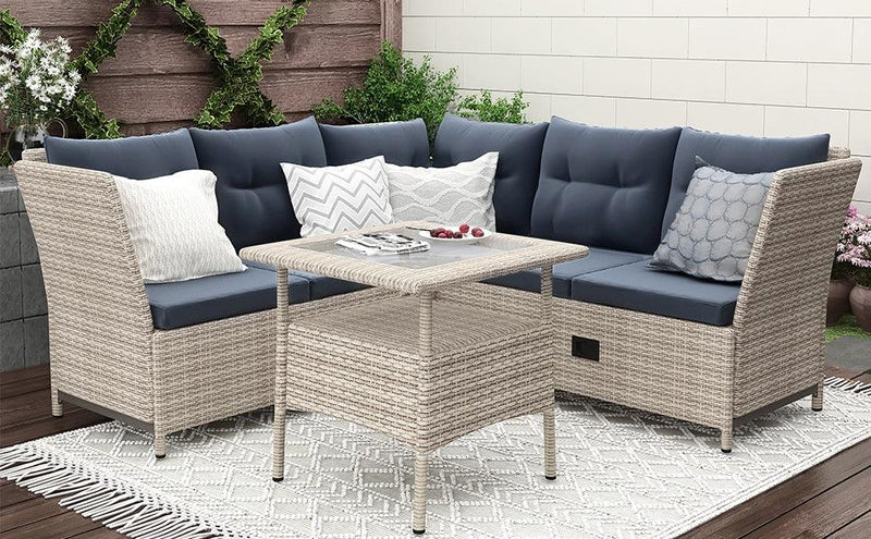 4 PCS Outdoor Patio All Weather PE Wicker Rattan Lsectional - Beige Rattan and Gray Cushions