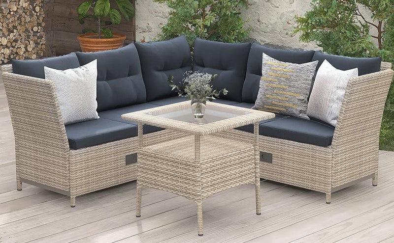 4 PCS Outdoor Patio All Weather PE Wicker Rattan Lsectional - Beige Rattan and Gray Cushions