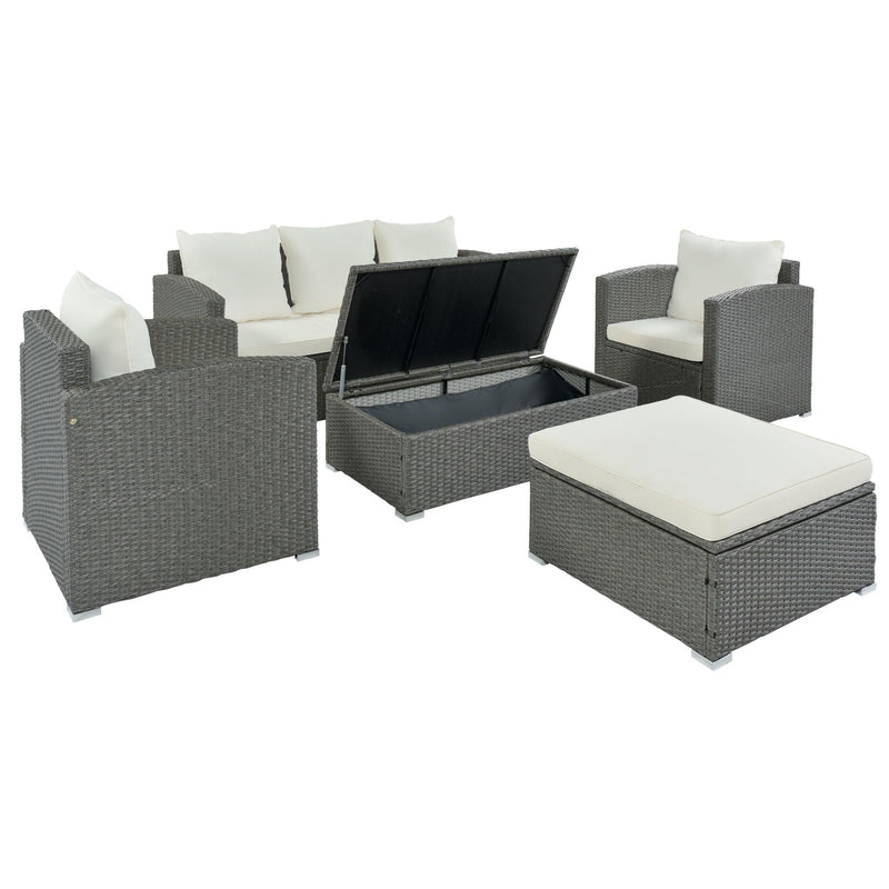5 PCS Outdoor PatioAll-Weather PE Wicker Rattan Sectional Sofa Set with Multifunctional Table and Ottoman