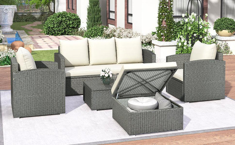 5 PCS Outdoor PatioAll-Weather PE Wicker Rattan Sectional Sofa Set with Multifunctional Table and Ottoman
