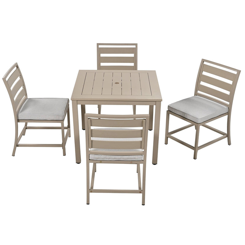 4 PCS Outdoor Garden Dining Chairs and Table with Umbrella Hole - Brown Gray