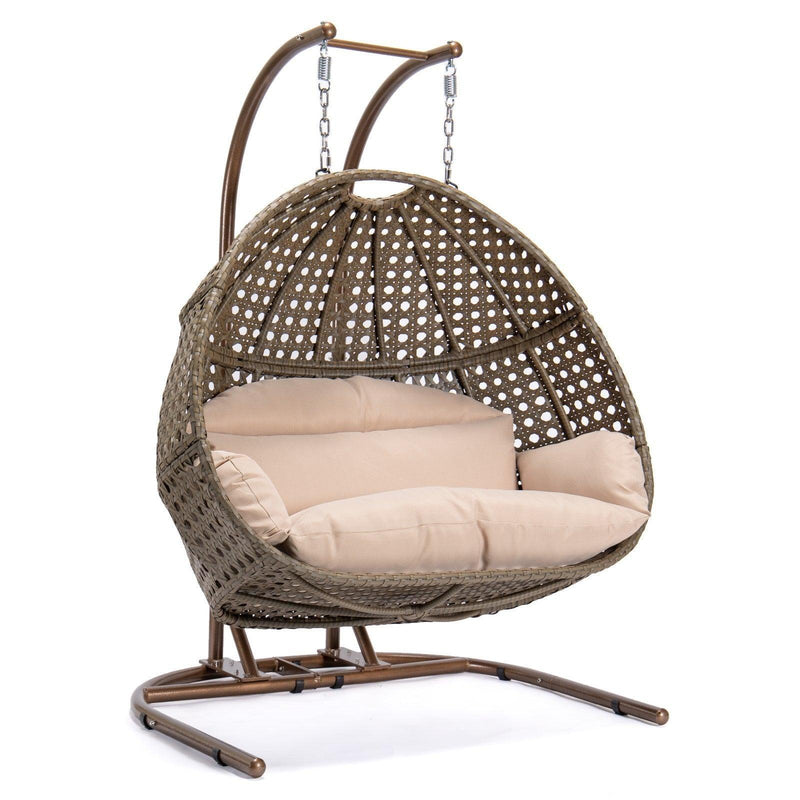 Brown Rattan Wicker Hanging Double-Seat Swing Chair with Stand and Beige Cushion - Urban Living Furniture (Los Angeles, CA)