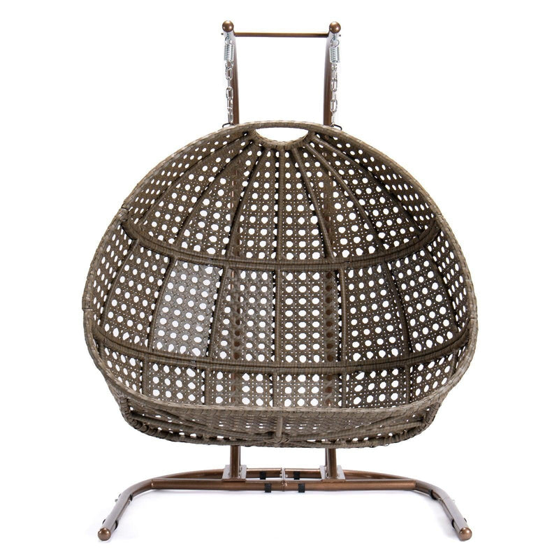 Brown Rattan Wicker Hanging Double-Seat Swing Chair with Stand and Beige Cushion - Urban Living Furniture (Los Angeles, CA)