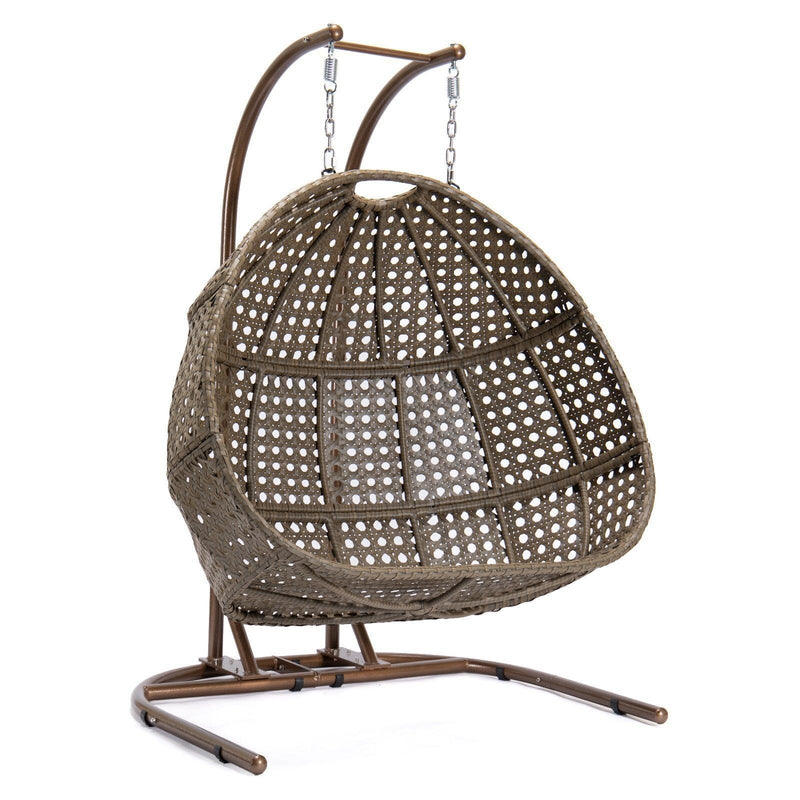 Brown Rattan Wicker Hanging Double-Seat Swing Chair with Stand and Beige Cushion - Urban Living Furniture (Los Angeles, CA)