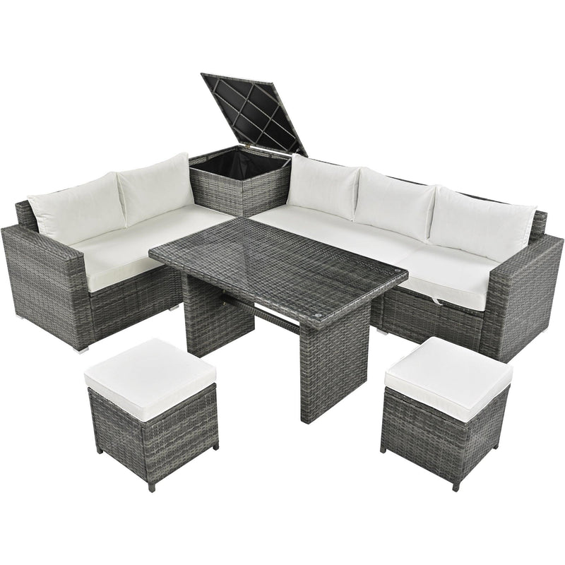 6 PCS Outdoor All Weather PE Rattan Sofa Set  with Adjustable Seat,Storage Box, Tempered Glass Top Table, and Beige Cushions
