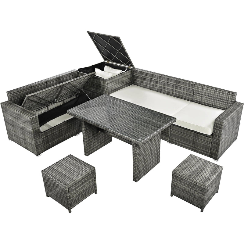 6 PCS Outdoor All Weather PE Rattan Sofa Set  with Adjustable Seat,Storage Box, Tempered Glass Top Table, and Beige Cushions
